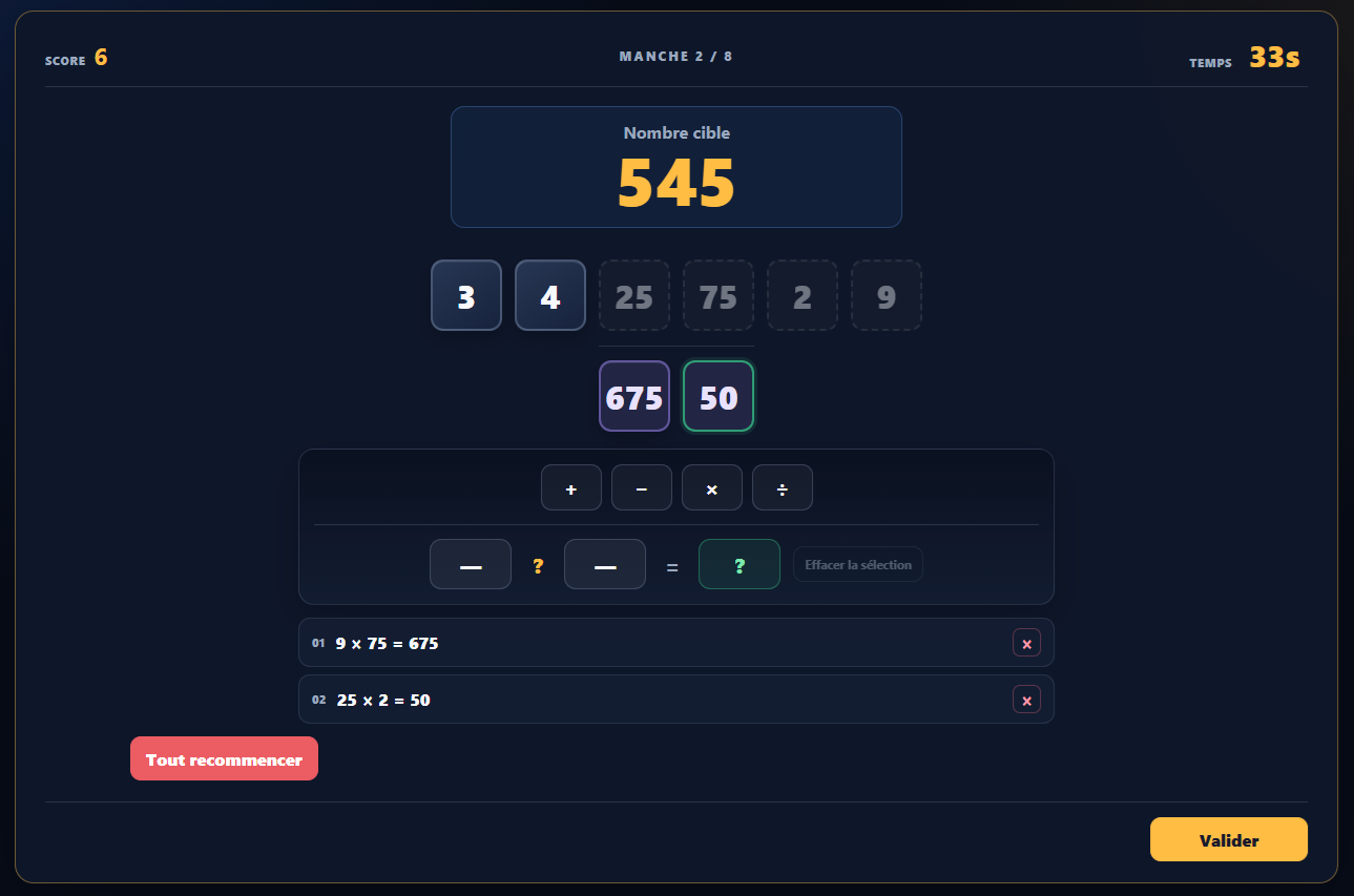 Mode chiffres du jeu Chiffres et Lettres ScoolID